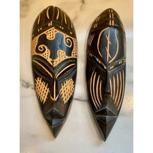 Vintage Paar handgeschnitzte afrikanische Stammesmaske aus Holz 9 Zoll Elefanten-Design - Bild 1 von 5