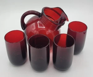 Vintage Anchor Hocking Glass Ruby Red Tilt Ball Pitcher 4-10 oz Tumblers MCM - Picture 1 of 19