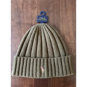 Polo Ralph Lauren Beanie Mens Army Green Flesh Pony Wool Blend Rib Knit Cuff NEW - Picture 1 of 3