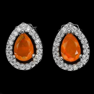 925 Sterling Silver Earrings Pear Orange Opal 6x4mm Natural Gemstone Jewelry - Picture 1 of 13