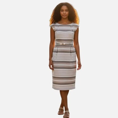 Calvin Klein Womens Striped Gray White Career Sheath Dress 16W Belted  NWT - Image 1 of 4