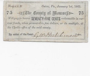 1863 Monroe County  Union ,Virginia 75 Cents Obsolete Note SIGNED Civil War Note - Picture 1 of 2