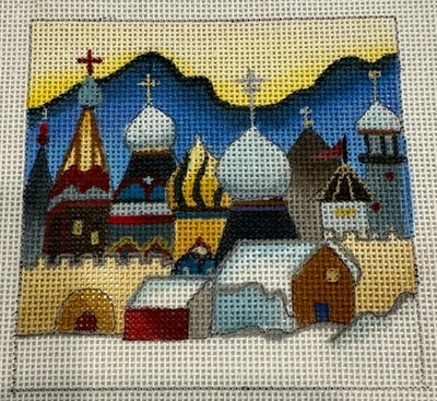 Vintage Dede Russian Churches Skyline Petite Point Needlepoint Canvas Mountains - Image 1 of 4