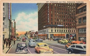 HOLLYWOOD CA HOLLYWOOD BLVD AND VINE 1947 VINTAGE LINEN POSTCARD 100525 U - Picture 1 of 2
