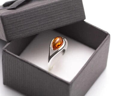 NATURAL BALTIC AMBER STERLING SILVER 925 Cognac Gemstone RING Certified & Box - Image 1 of 4