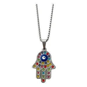 Necklace Hamsa Hand Evil Eye Pendant Stainless Steel 304 Grade Crystal 23" Chain - Picture 1 of 5
