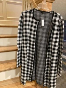 Talbots NWT Plus Size 1X Stunning Black/Ivory Buffalo Plaid Sweater Coat Jacket - Picture 1 of 9
