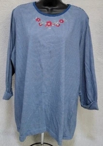 Erika Womens Shirt Top Blouse Size 1X Blue White Red Striped Floral - Picture 1 of 12