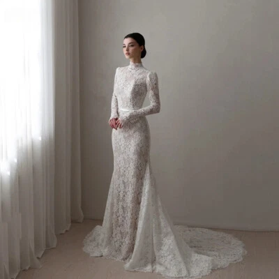 Vestido de novia de encaje cuello alto sirena vestidos de novia tren modesto novia Foto 1 de 4
