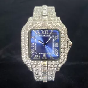Orologio Uomo Hip Hop Lusso Completamente Ghiacciato Bling Diamante Argento Blu Quadrato - Foto 1 di 5