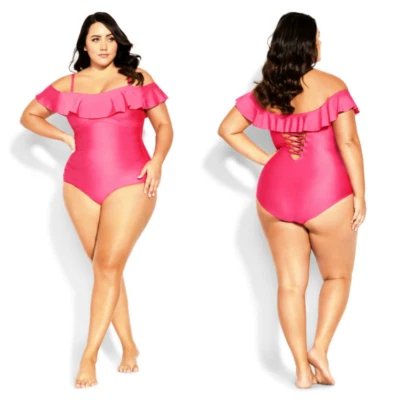 NWT City Chic Pink Off Shoulder Ruched Lace Up Back Removable Straps Swimsuit 22 - Image 1 of 4