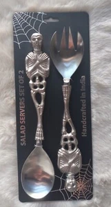 Salad Serving Tong Set Goth Halloween Skeleton Spoon 2 Pieces 15" White Metal - Picture 1 of 11