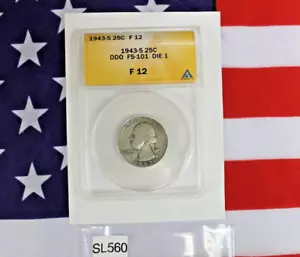 1943-S Washington Quarter - DDO FS-101 Die 1 - ANACS F 12 (SL560) - Picture 1 of 2