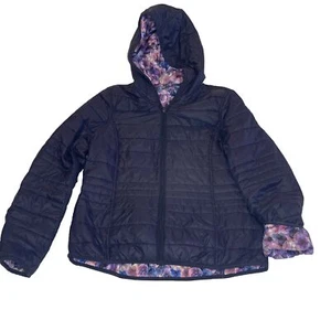 Dress Barn Womens Large Reversible Jacket Rain Coat Navy Floral Hooded - Picture 1 of 7