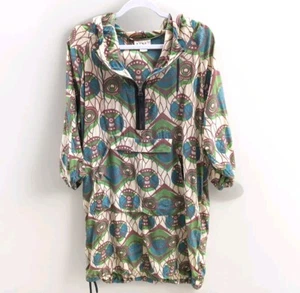 2012 MARNI at H&M Hooded Green 100% Silk Print Dress Anorak Parka Style Size 4 - Picture 1 of 9