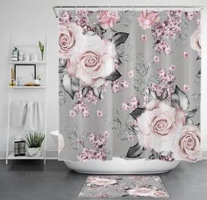 Botanical Grey Leaf Pink Rose Floral Shower Curtain Bathroom Accessories Set - Picture 1 of 19