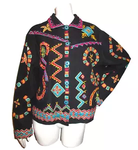 Vtg Jacket XL Art To Wear Embroidery Beaded Black Button Up Daniel K Boho Ethnic - Picture 1 of 5