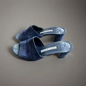 Manolo Blahnik Navy Blue Rapallato Soft Suede Banded Block Heel Sandals Shoes 37 - Bild 1 von 11