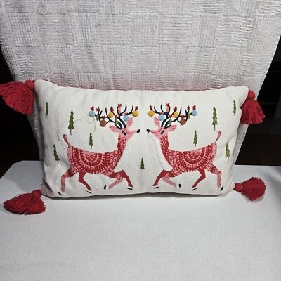 Threshold Christmas Reindeer Throw Pillow Scandi Rectangle Pompoms Tassels 19x12 - Image 1 of 4