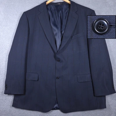 Haggar Blazer 男式 52L 海军蓝人字形窗玻璃格子 2 按钮外套夹克 — 第 1/4 张图片