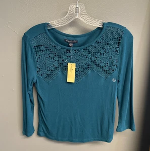 Top vintage Y2K American Eagle talla mediana acanalado manga larga encaje ganchillo nuevo con etiquetas - Imagen 1 de 7