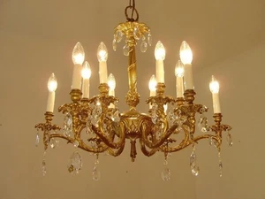 alter Kronleuchter Leuchter antik Messing 6 Arme 12 Lampen 2 Ebenen um 1970 - Bild 1 von 11