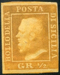 1859 Sizilien 1/2 Korn I Tafel gelb bräunlich neu Kat 75.000 Zert. Kleber * - Bild 1 von 2