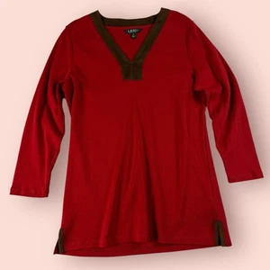 Ralph Lauren red top shirt womens large Blouse faux suede trim tunic 3/4 sleeve - Picture 1 of 5