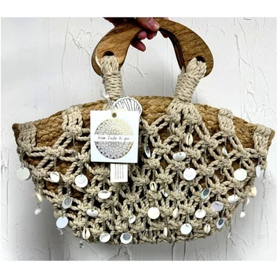 Bolsa tote boho macramê nova com etiquetas bolsa de palha de juta concha do mar festival de praia costeira - Imagem 1 de 4
