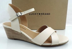Women's Shoes Lucky Brand Jaidan Low Wedge Sandals Leather Linen Beige Size 10 - Picture 1 of 8