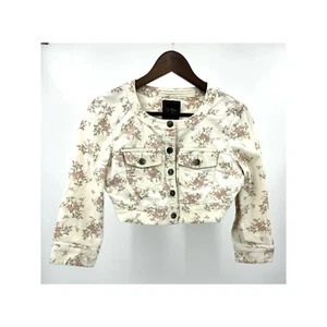 Jessica Siimpson Floral Cropped Denim Jacket Women's Size S Cream - Picture 1 of 7