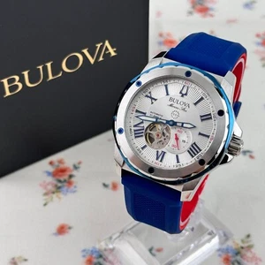 Bulova Marine Star Automatic White Dial Blue Rubber Strap Men's Watch 98A225 - Picture 1 of 9