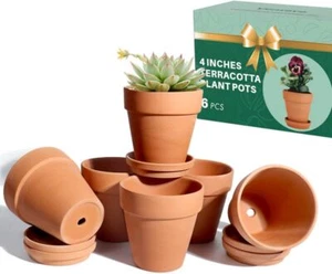 4 Inch Terracotta Plant Pots with Saucer - 6 Pack Clay Flower Pots with - Picture 1 of 6