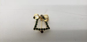 Goldtone Red and Green Jeweled Christmas Bell Brooch Pin With Bow - Picture 1 of 5