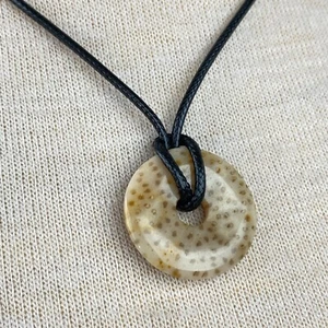 Cream Stone Donut Pendant Necklace Leather Cord - Picture 1 of 6