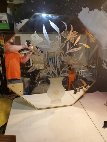 Octagon Wall Mirror Etched MCM Art Deco Vintage Floral Design  36"x36" HUGE Cover
