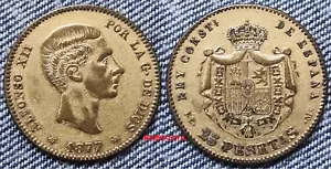 MONEDA de ÉPOCA 25 pesetas Cobre dorado año 1877*1877 DEM. Peso 4,30 gr. RARA. - Bild 1 von 1