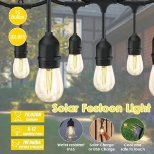 LED Festoon Lights Solar String Light Waterproof Party Outdoor Bulbs 32.8FT - Picture 1 of 13