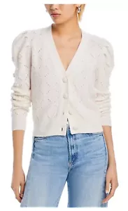 Luxuriöse 100 % Kaschmir Neuheit V-Ausschnitt Strickjacke Puffschulter von Aqua in Elfenbein L - Bild 1 von 6