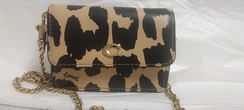Coach CM699 Raffinata Pelle di Vitello Leopardata Logo Mezza Patta Catena Oro Porta Carte
