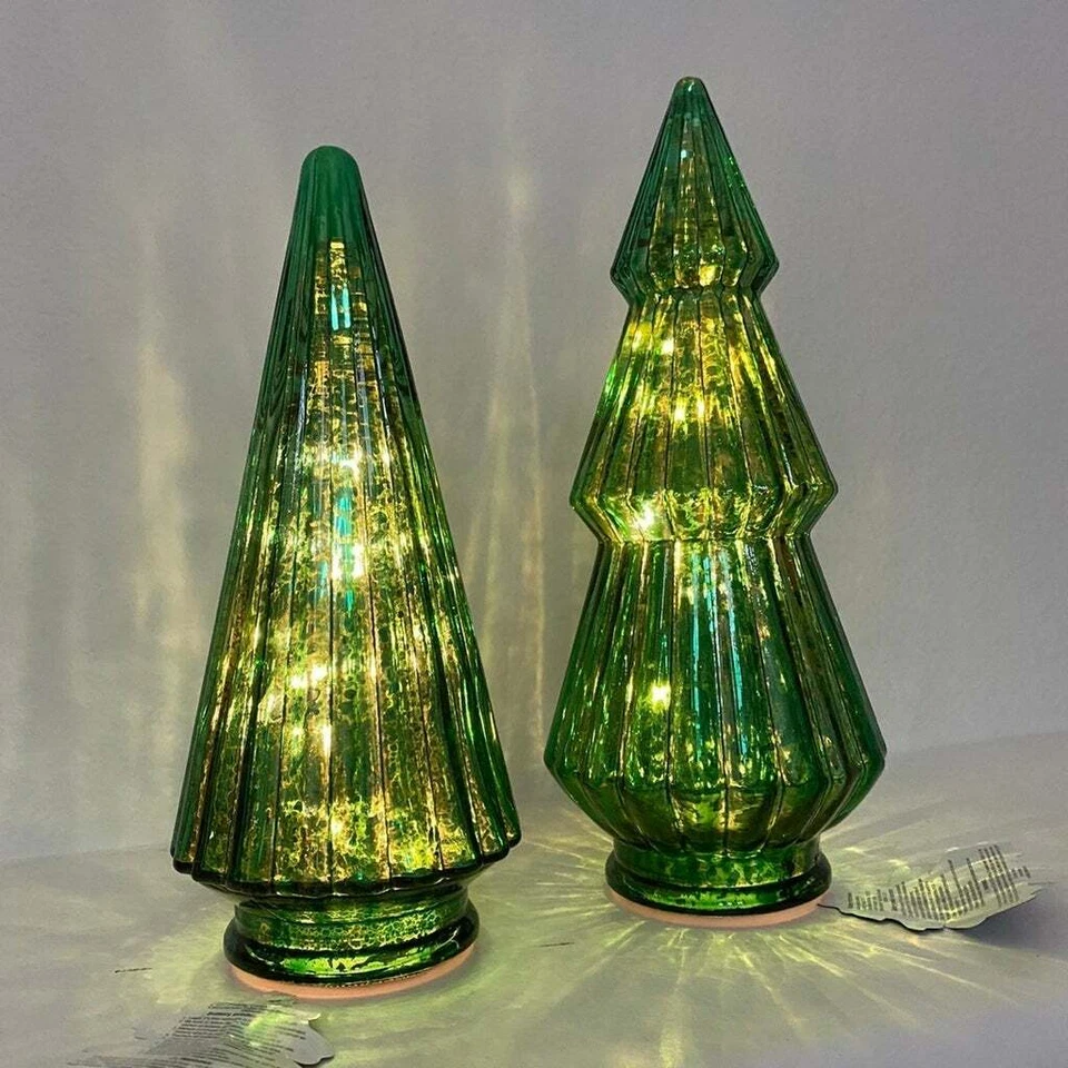 2PK 9" Ganz Lit Glam Mercury Glass Light Up Green Christmas Tree Lamp Home Decor - Image 1 of 4