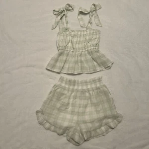 Lulus Fresh Feelings White Green Plaid Ruffle Short Tie Top Set Size XS/S Preppy - Picture 1 of 18