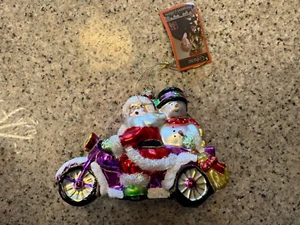 Corbane Glass Santa and Snowman on Motorcycle Christmas Ornament NEW! - Picture 1 of 2