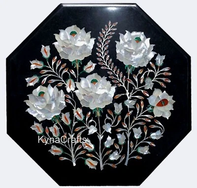 Black Marble Side Table Shiny Gemstone Inlay Work Coffee Table Top for Hallway - Image 1 of 4