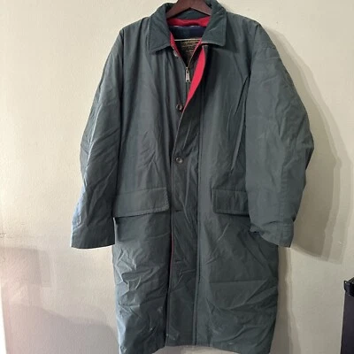 Vintage Eddie Bauer Mens Dark Green Wool lined trench coat leather collar Tall L - Image 1 of 4