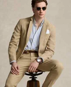 Polo Ralph Lauren Soft Modern Linen Suit Jacket Men's 48R Beige Notch Lapels - Picture 1 of 17