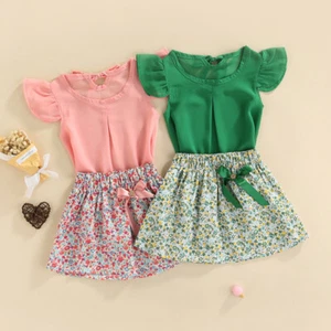 2PCS Toddler Girls Outfits Fly Sleeve Solid Color T-Shirt Floral Mini Skirt Set - Picture 1 of 15