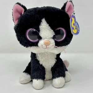 TY Beanie Boo Pepper Tuxedo Cat Plush Kitty Black Pink Purple Tag Solid Eyes 6” - Picture 1 of 10
