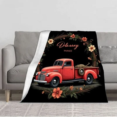 Vintage Red Pickup Truck Flannel Blanket - Cozy Floral Wreath Design Soft & Warm - Image 1 of 4