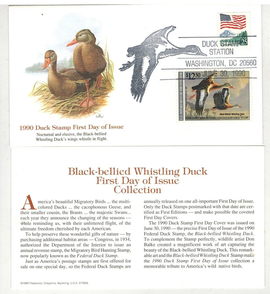 HIGH VALUE $12.50 DUCK STAMP 1990 RW57 BLACK BELLIED WHISTLING DUCK & TEXT CARD - Image 1 of 1